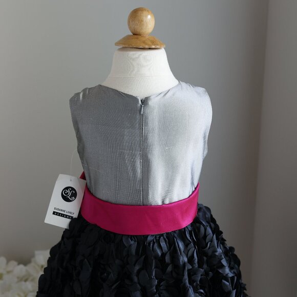 Silver Silk Dress Black Rosette Skirt Fuchsia Silk Sash Party Special Occasion - Picture 2 of 7